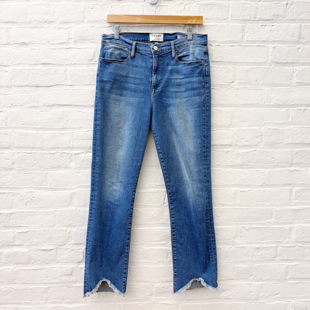 FRAME Denim || Le High Straight Denim Jeans Raw Hem White Chapel Wash Blue 31